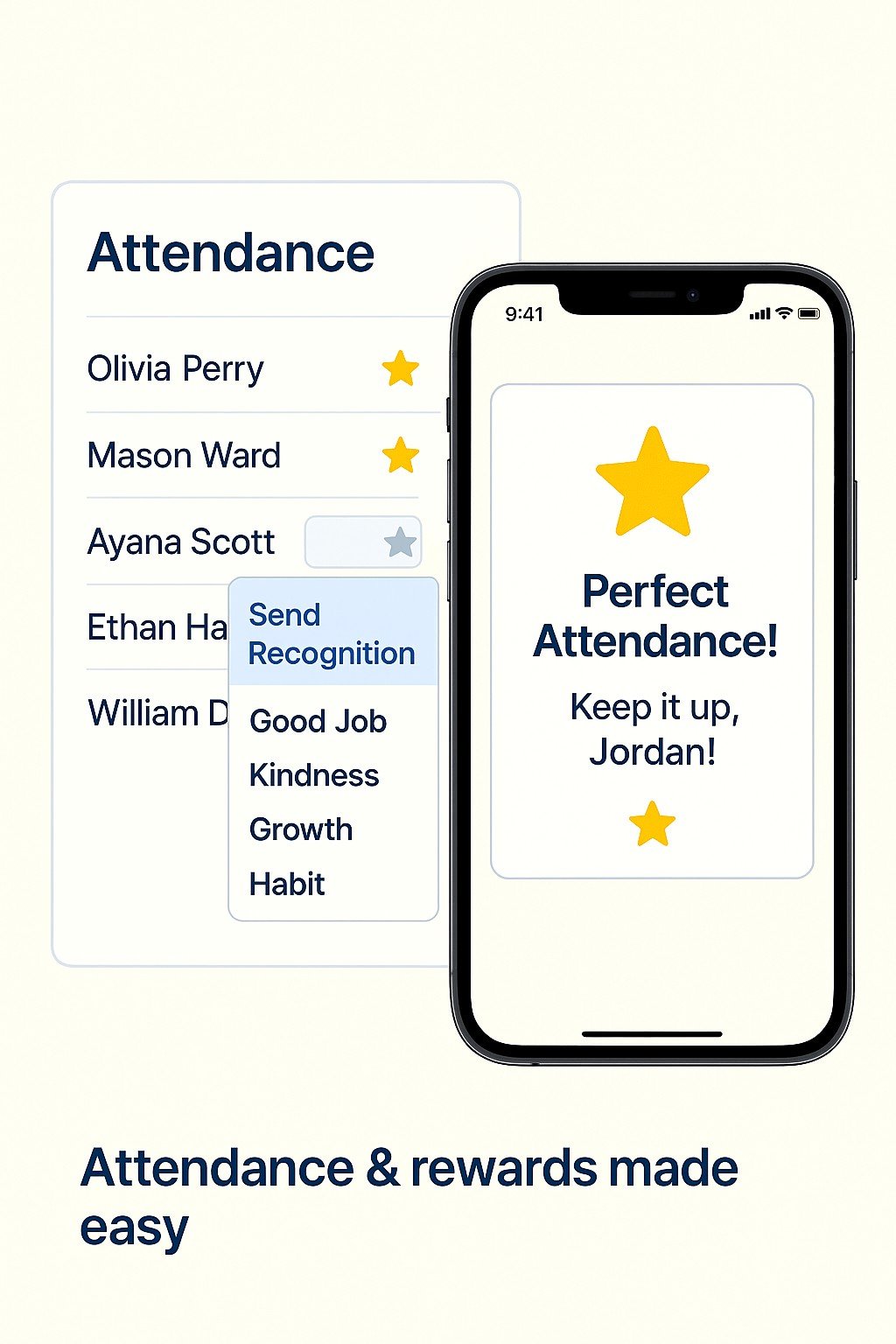Attendance list with star recognition.