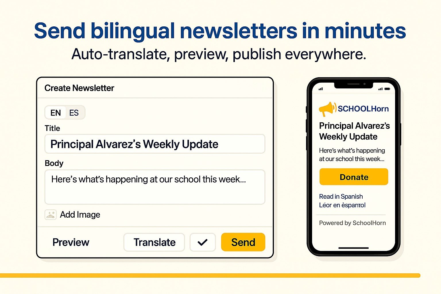 Compose bilingual newsletter in SchoolHorn.